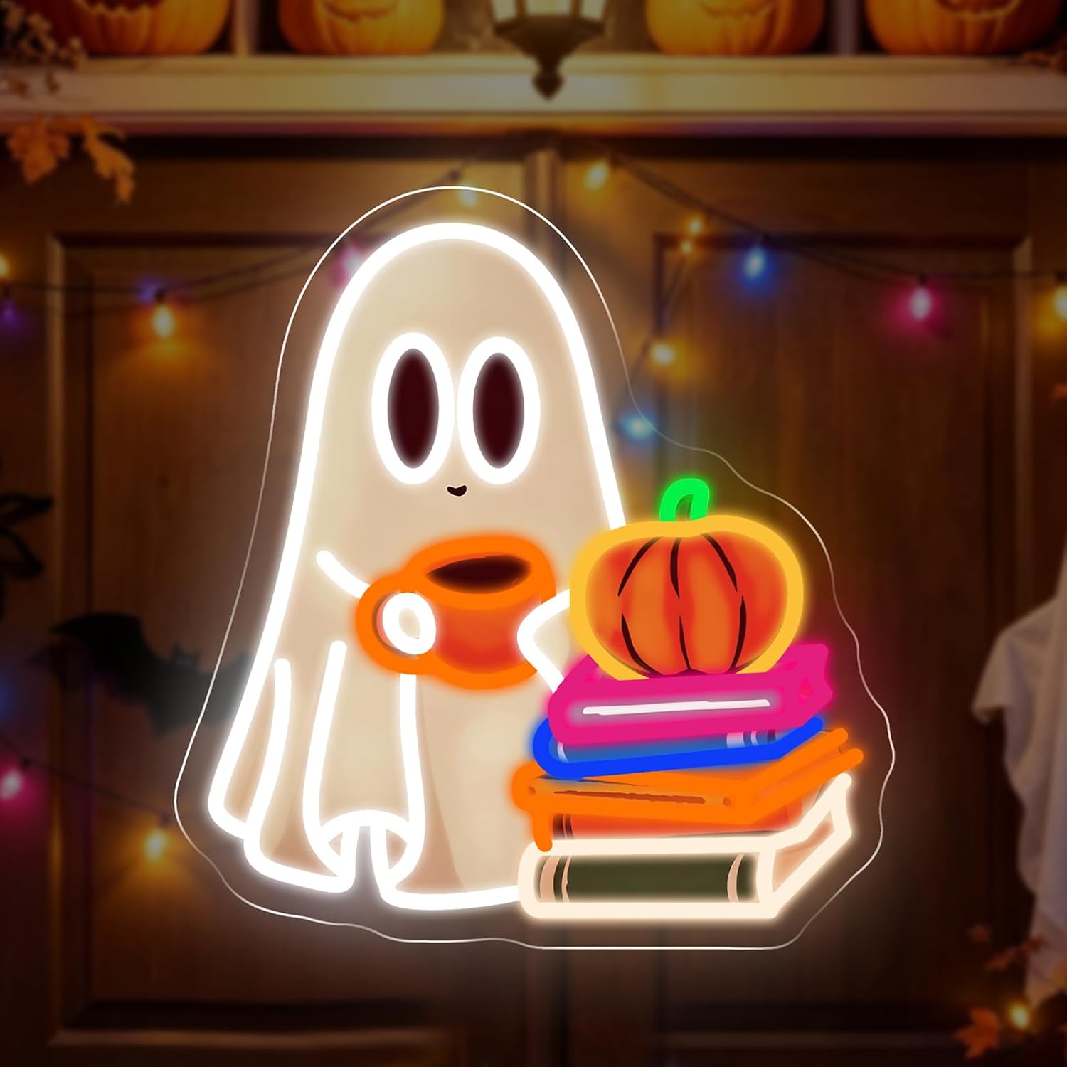 Neon Sign Party - Cute Ghost Reading Book Neon Sign